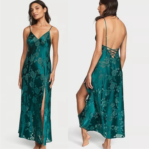 XS VS Archives 80’s inspired Victoria’s Secret Burnout Satin Long Slip Ivy Green